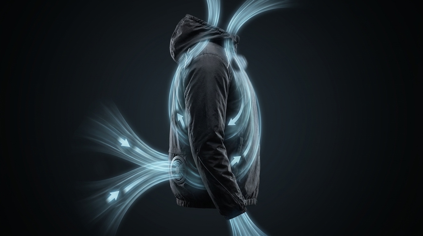 Air Jacket side view, air drawn in at the fan, circulating up through the shell and out the collar