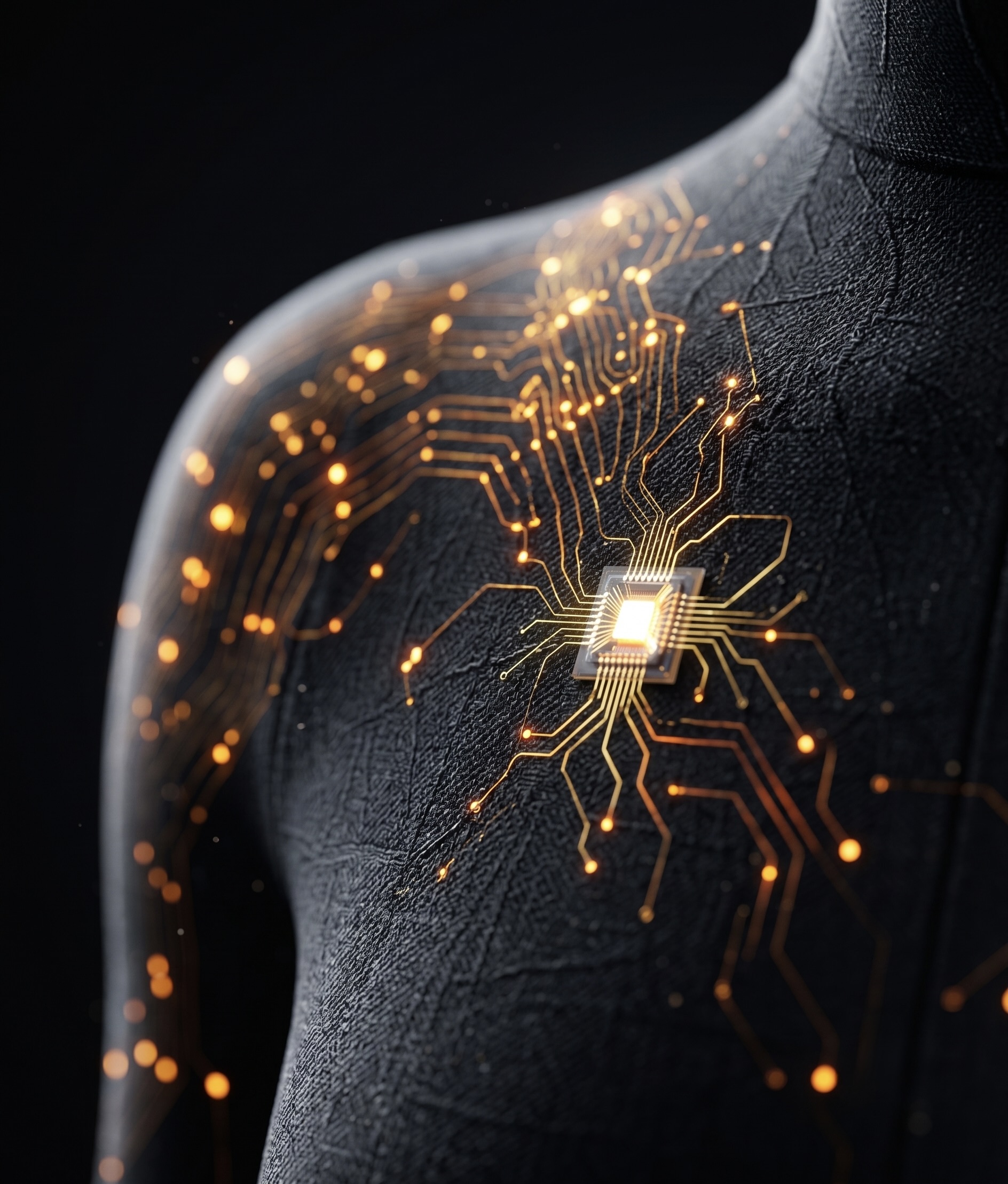 Layer 1 Pro sensing layer, embedded chip and golden traces woven into the fabric
