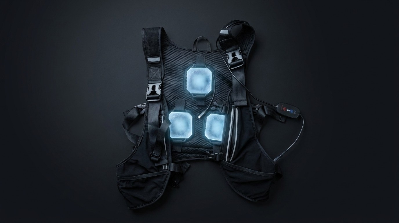 Flux Vest laid flat with three thermoelectric cooling pads glowing and an inline controller