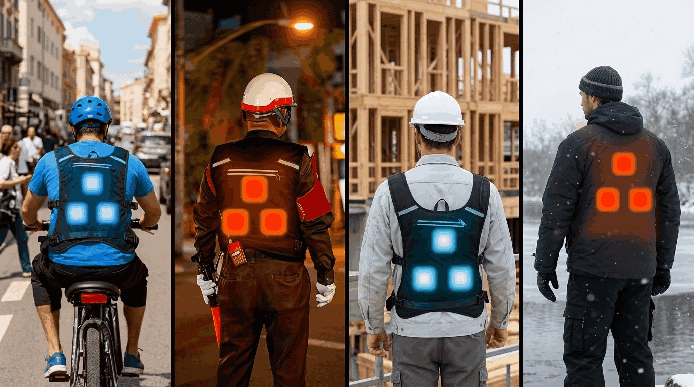 Four Flux Vest usage scenarios: outdoor work, personnel on duty, construction, and cold environments