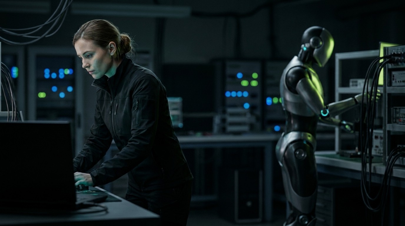 A woman engineer and a humanoid robot working side by side in a dimly lit robotics laboratory