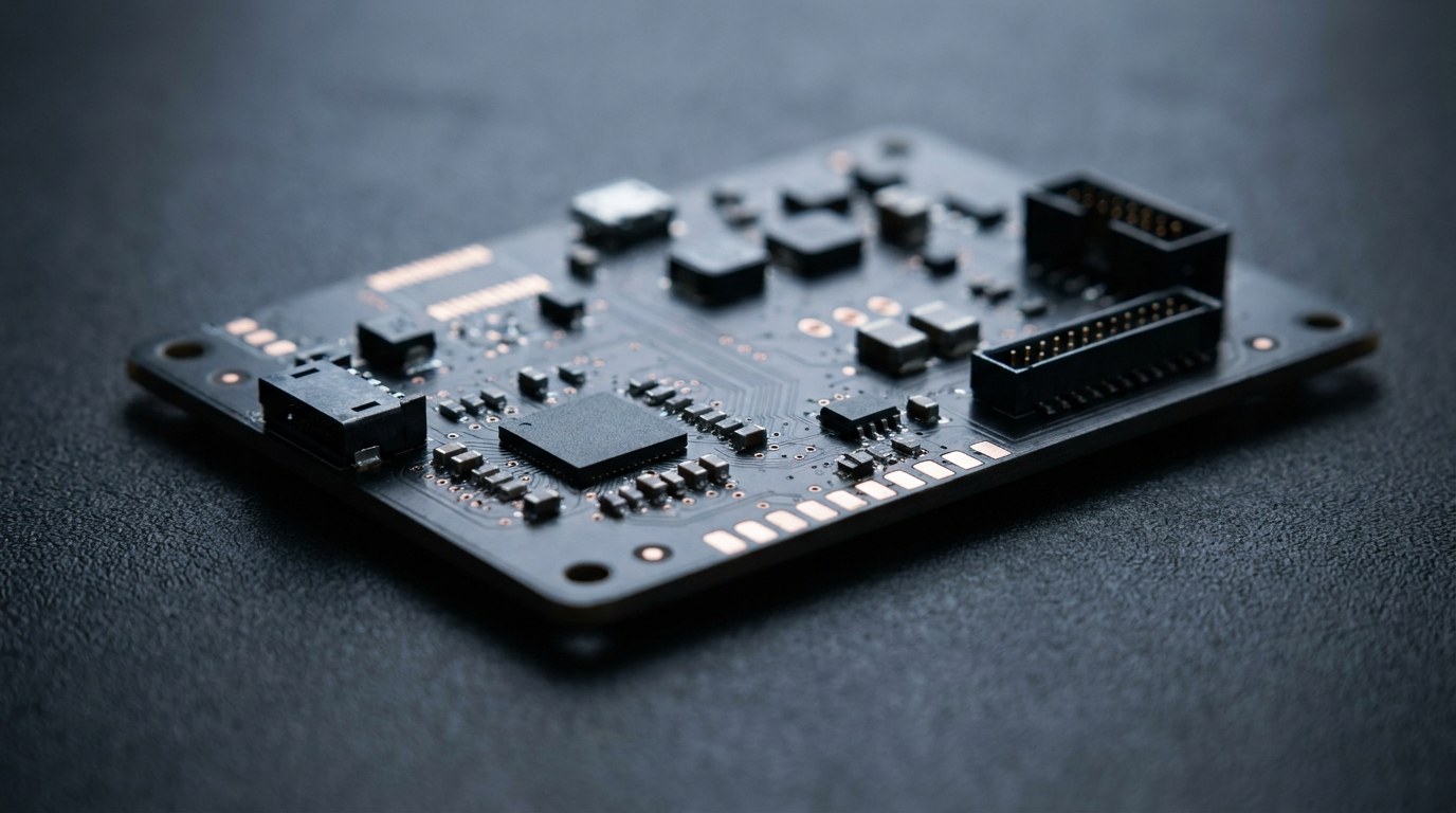 Assembled printed circuit board on a dark bench