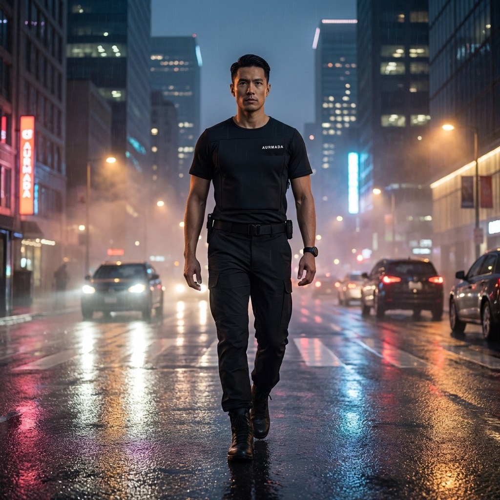 Man walking a rainy neon-lit street at night in the Aurmada Layer 1 Shield tee