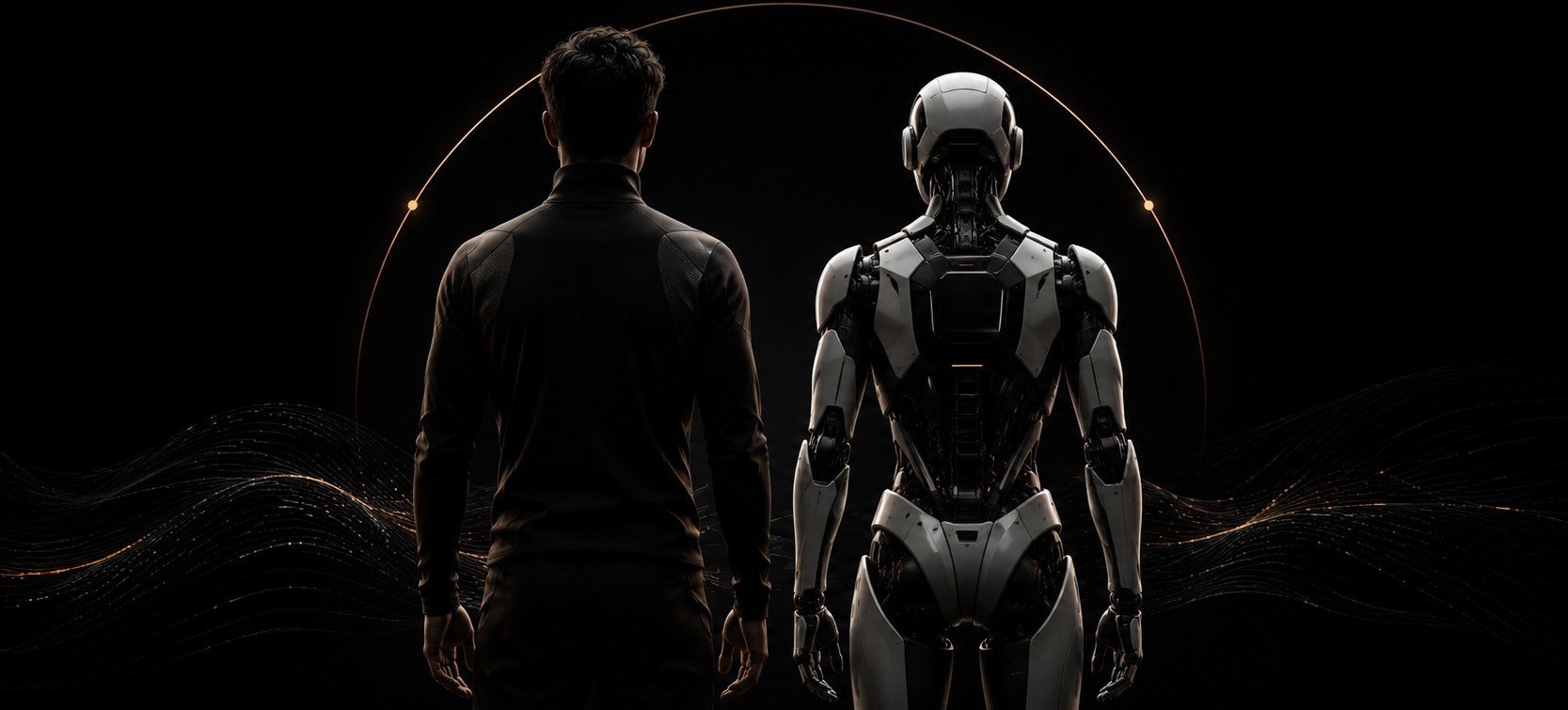 A human and a humanoid robot standing side by side, seen from behind, against a black studio backdrop