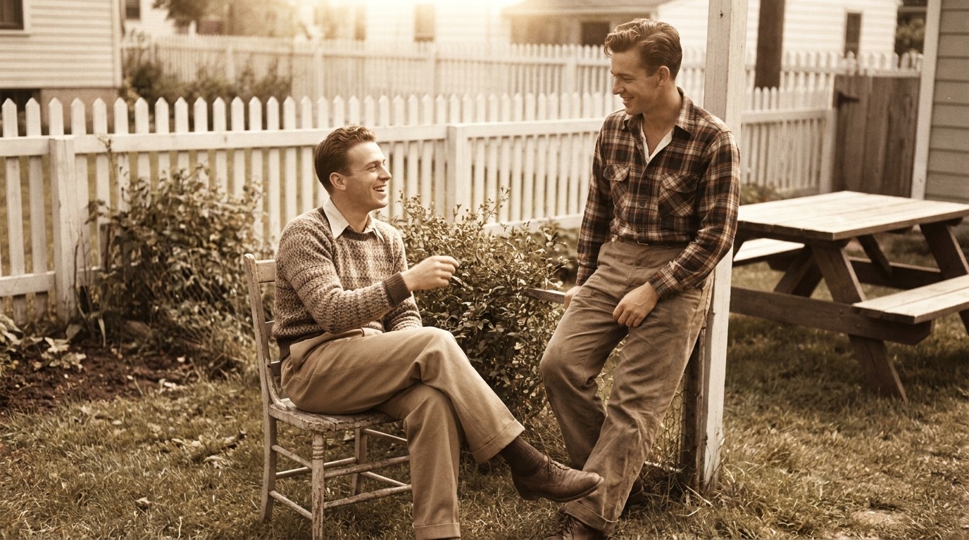 Warm faded photograph of two young men in a suburban backyard, one in a knit pullover and one in a casual plaid button-down, post-war era